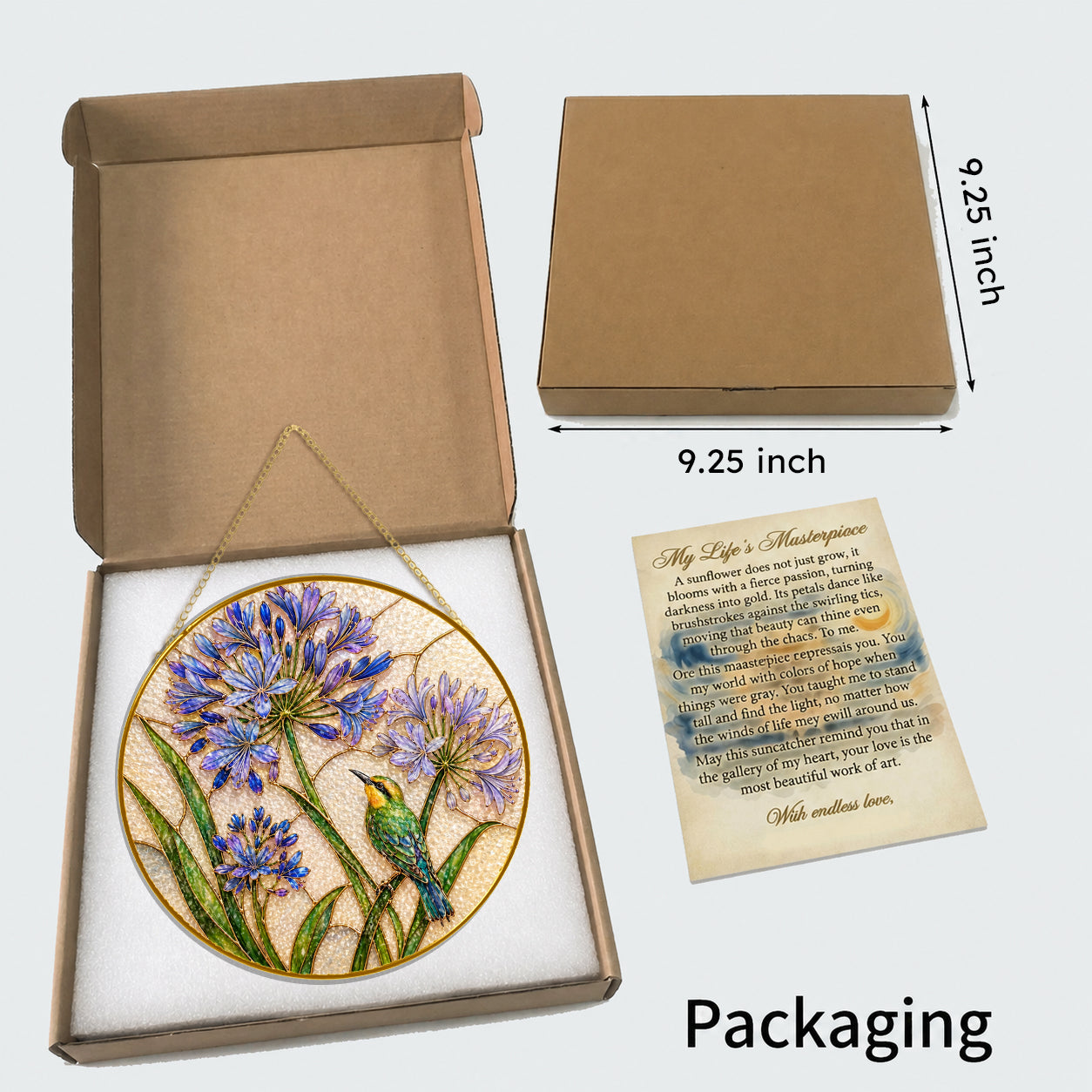 Agapanthus bird gold frame suncatcher detail