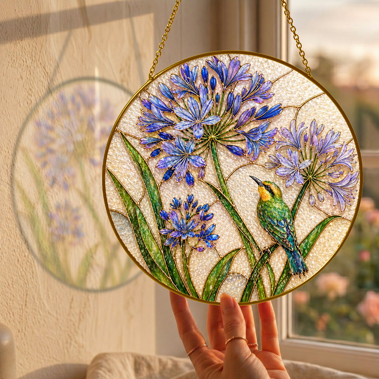 Agapanthus bird suncatcher size chart with 3.5, 4, 6, 7.8, 9.8, and 11.8 inch options