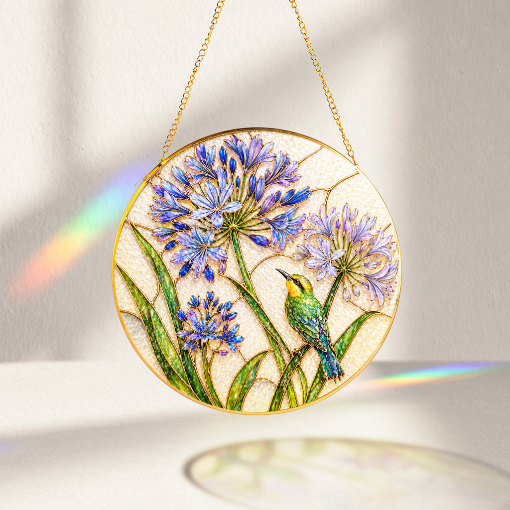 Agapanthus bird suncatcher with gold chain and suction cup