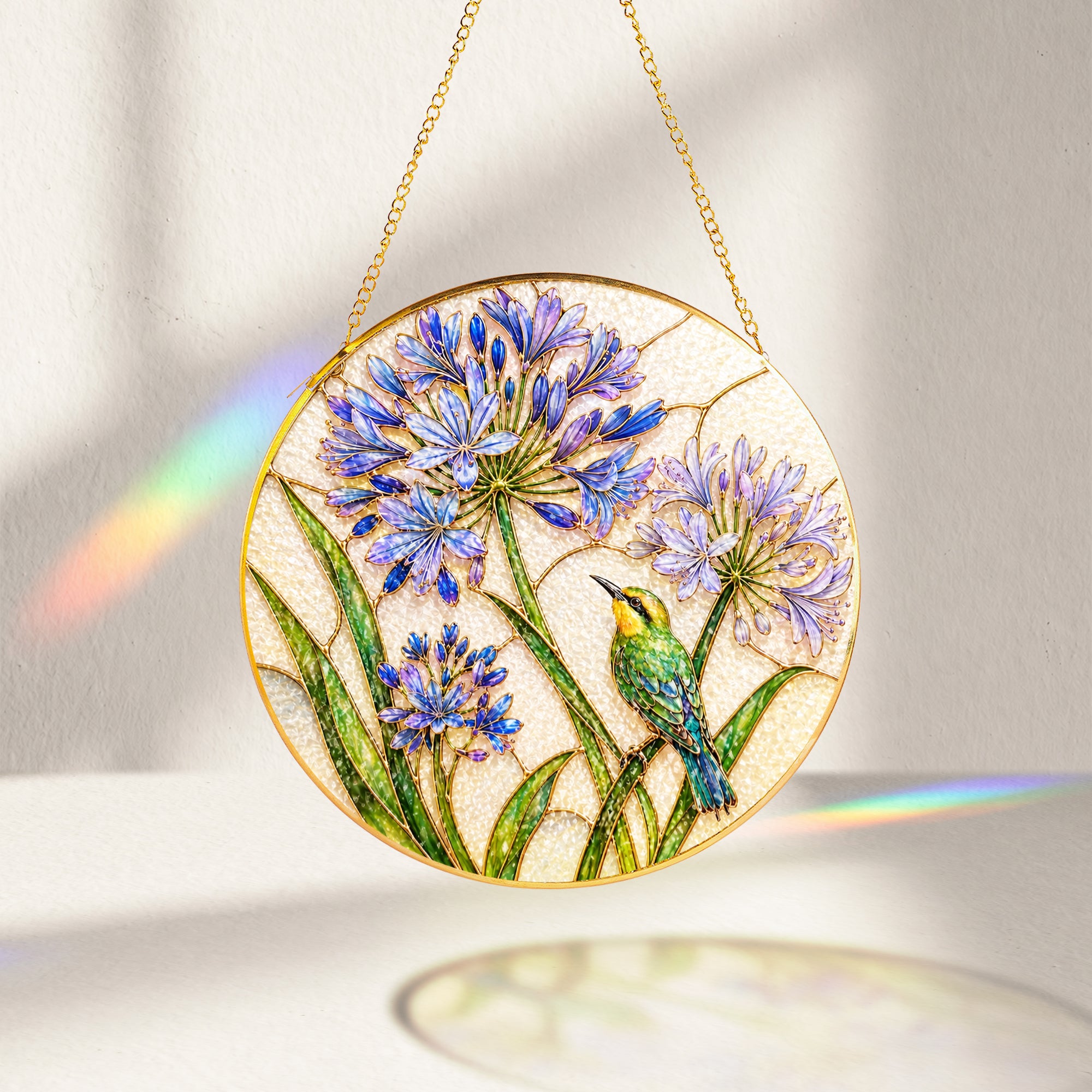 Agapanthus bird suncatcher with gold chain and suction cup