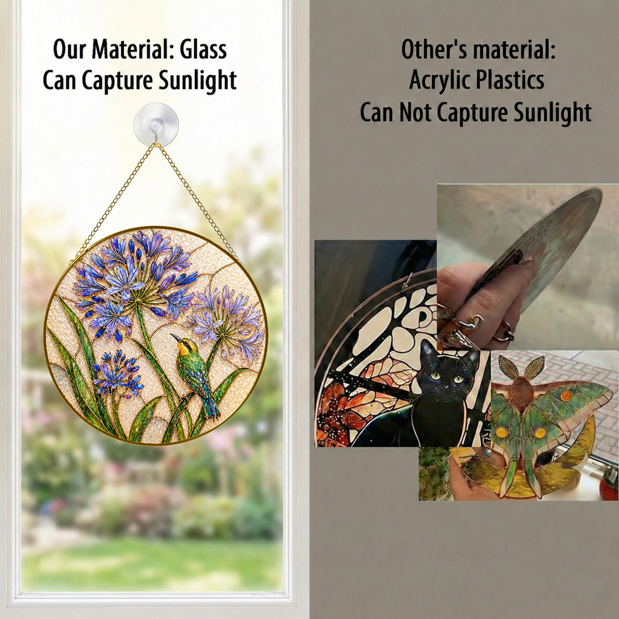 Real glass agapanthus suncatcher compared with acrylic, glass captures sunlight