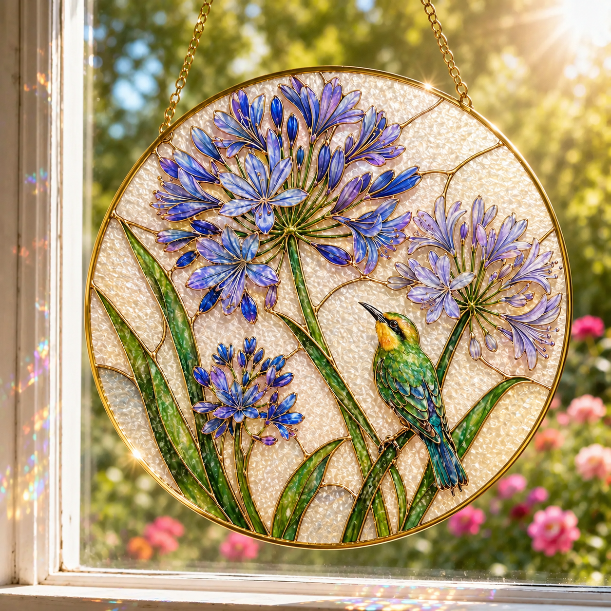 Agapanthus bird suncatcher design detail