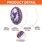 Product detail image showing front and back views, 64 pieces, available sizes, chain, and hardware for the hummingbird puzzle suncatcher.