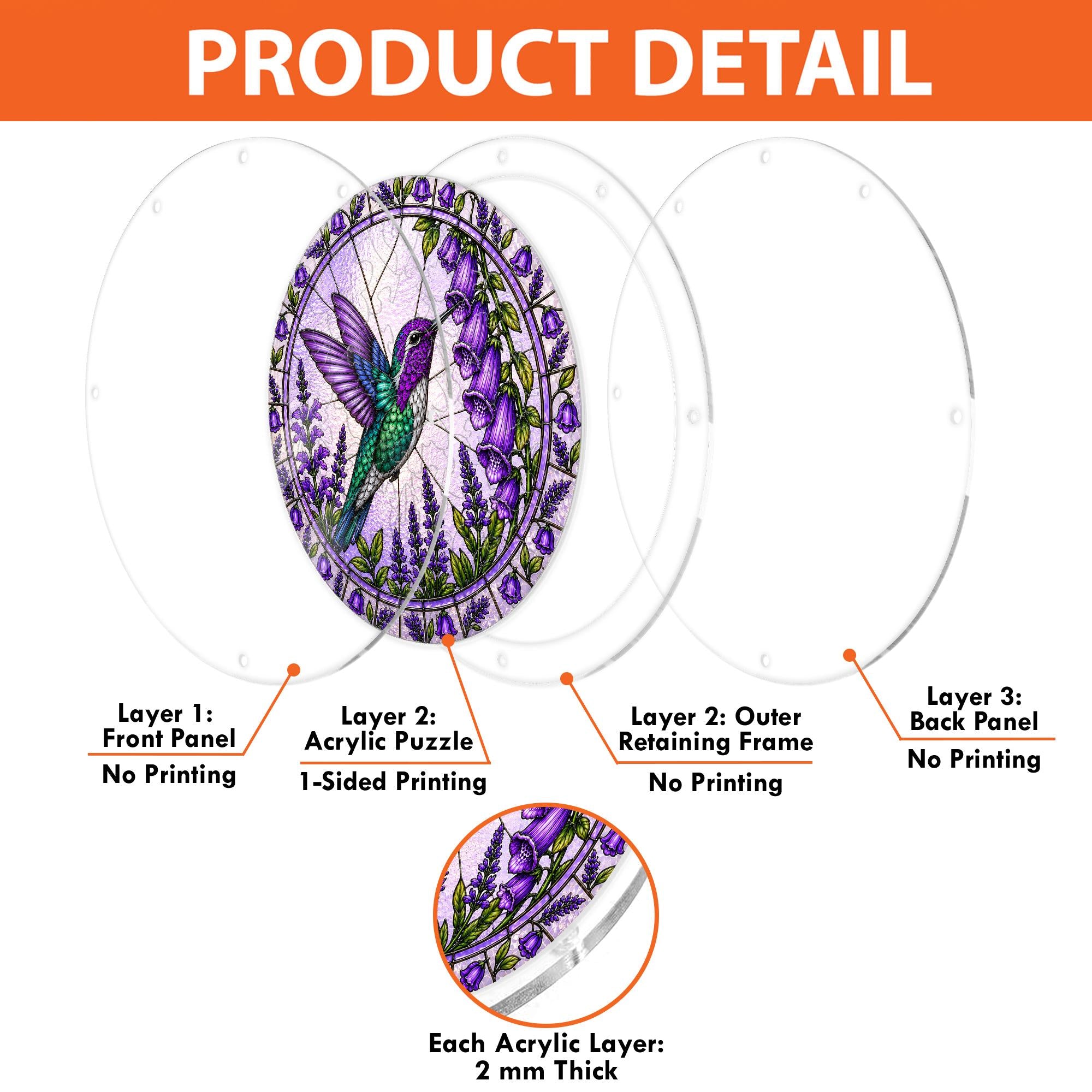 Product detail image showing front and back views, 64 pieces, available sizes, chain, and hardware for the hummingbird puzzle suncatcher.