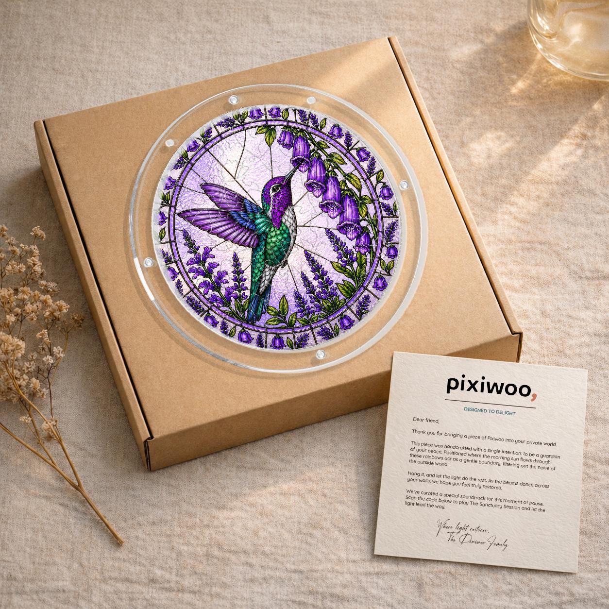 Gift-ready Amethyst Bellflower Hummingbird acrylic puzzle suncatcher displayed on a kraft box with a Pixiwoo thank-you card.