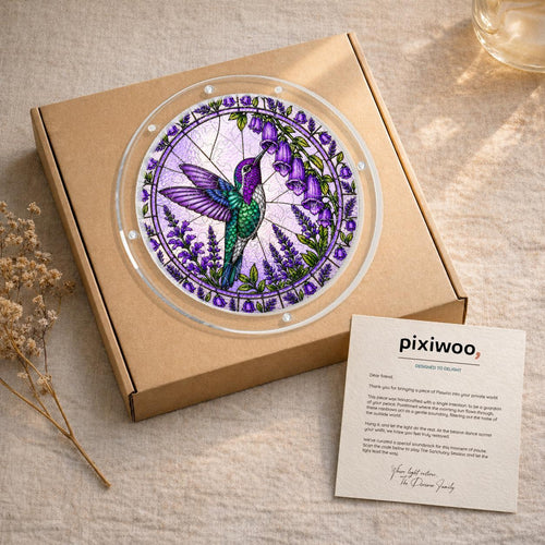 Gift-ready Amethyst Bellflower Hummingbird acrylic puzzle suncatcher displayed on a kraft box with a Pixiwoo thank-you card.