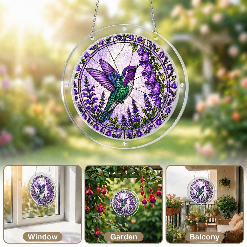 Purple hummingbird acrylic puzzle suncatcher displayed in multiple bright home window settings.