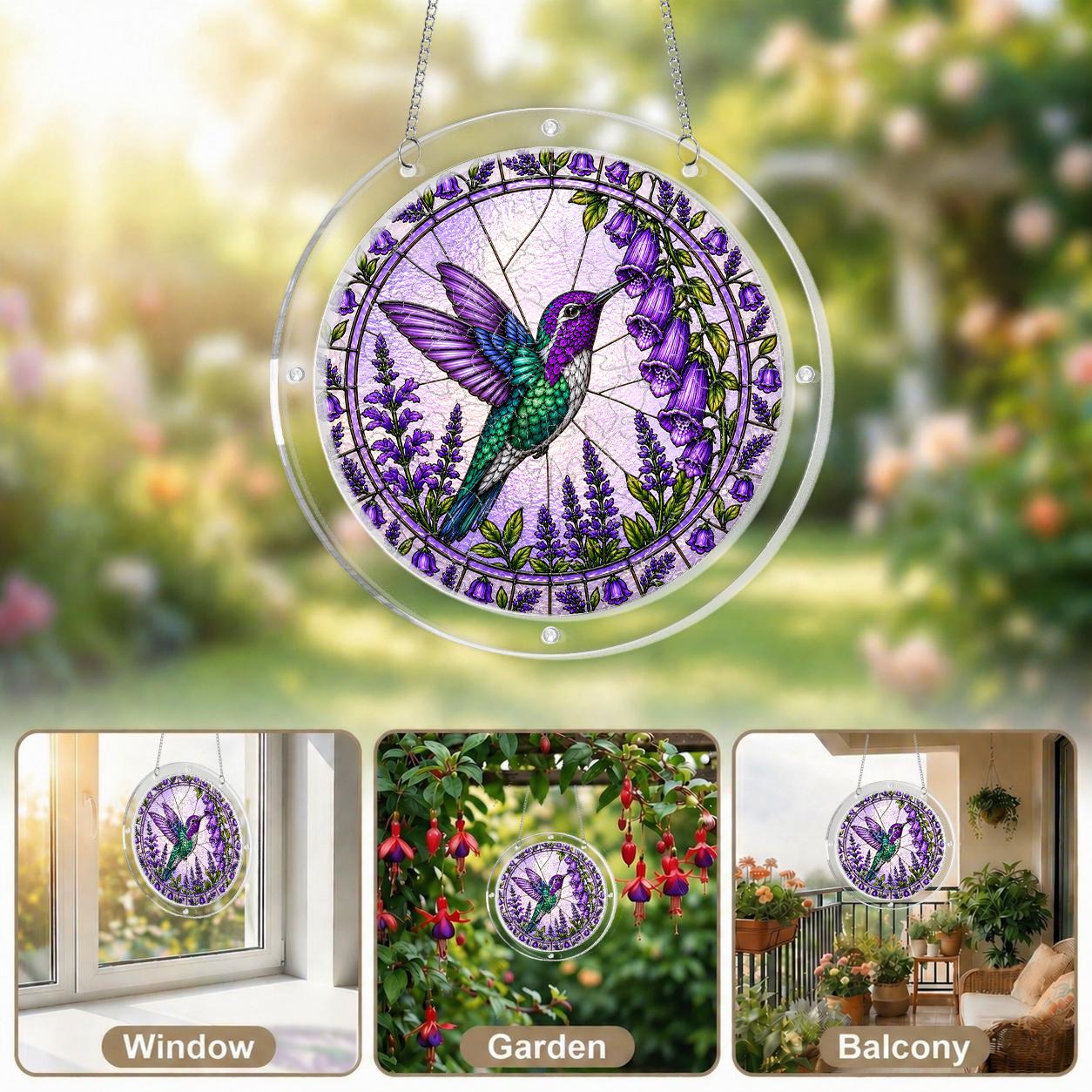 Purple hummingbird acrylic puzzle suncatcher displayed in multiple bright home window settings.