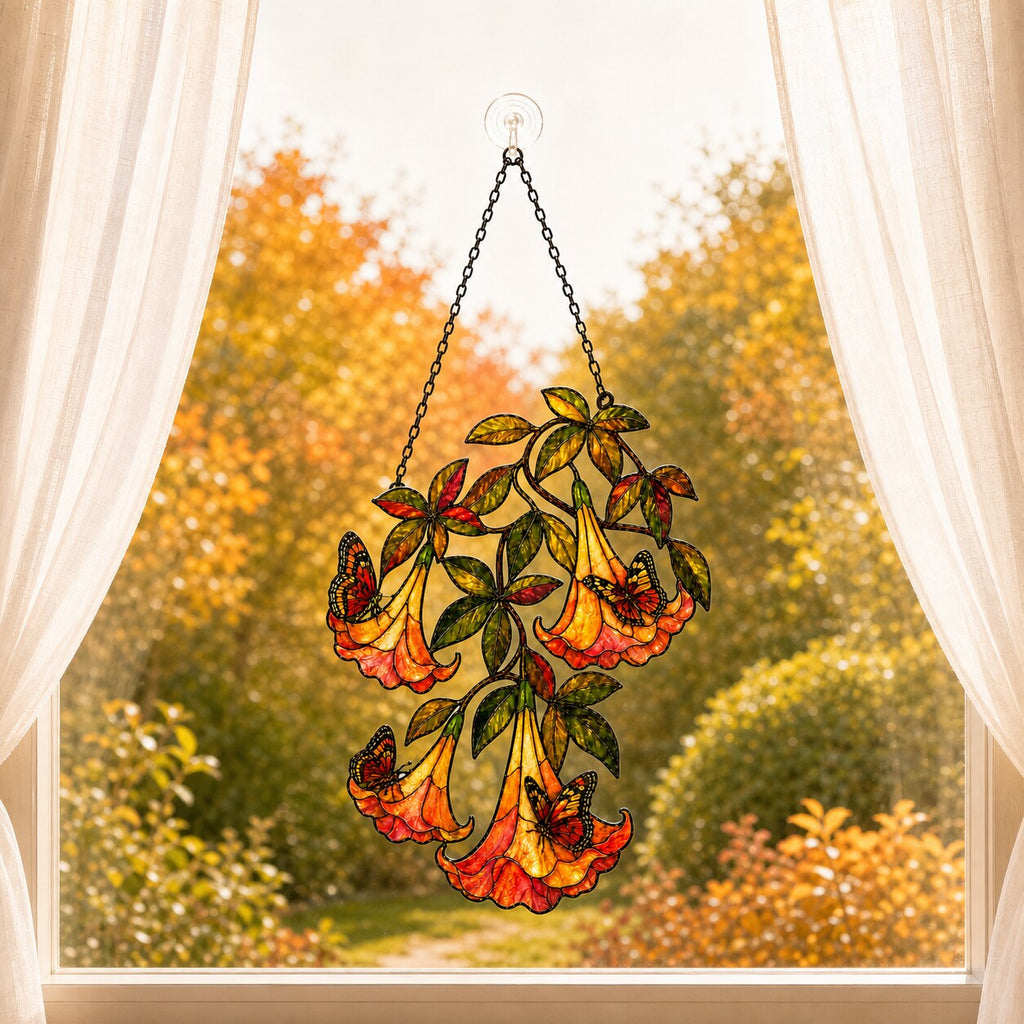 Angel's Trumpet with Monarch Butterflies Holographic Acrylic Suncatcher