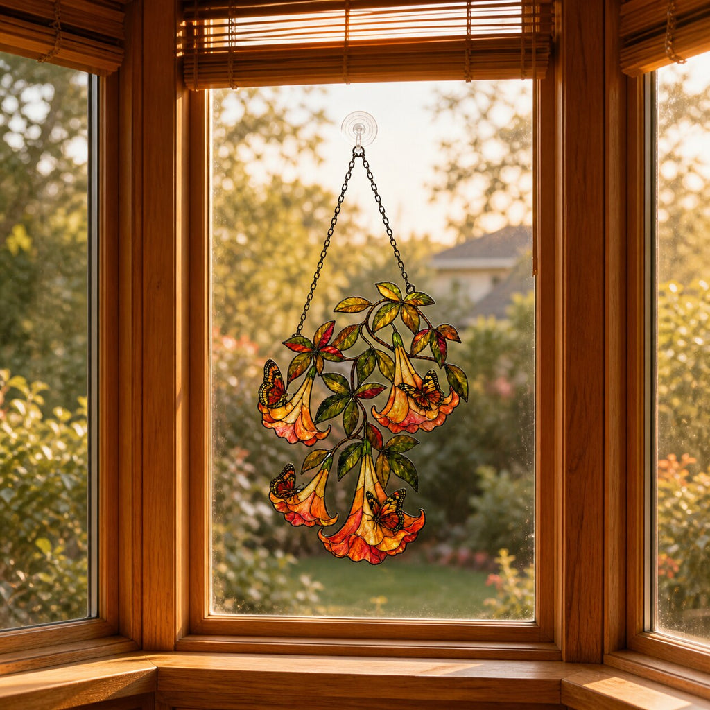 Angel's Trumpet with Monarch Butterflies Holographic Acrylic Suncatcher