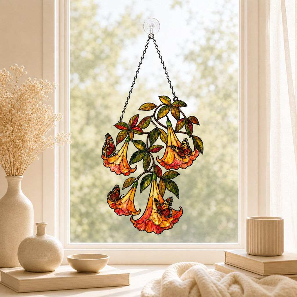 Angel's Trumpet with Monarch Butterflies Holographic Acrylic Suncatcher