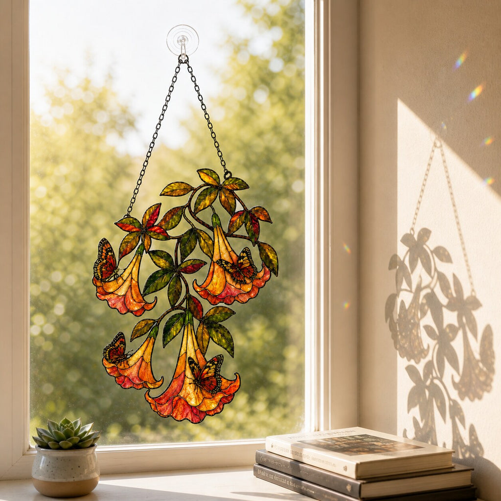 Angel's Trumpet with Monarch Butterflies Holographic Acrylic Suncatcher