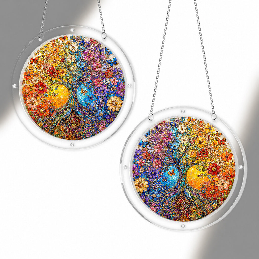 Autumn tree of life acrylic puzzle suncatcher, colorful DIY window decor
