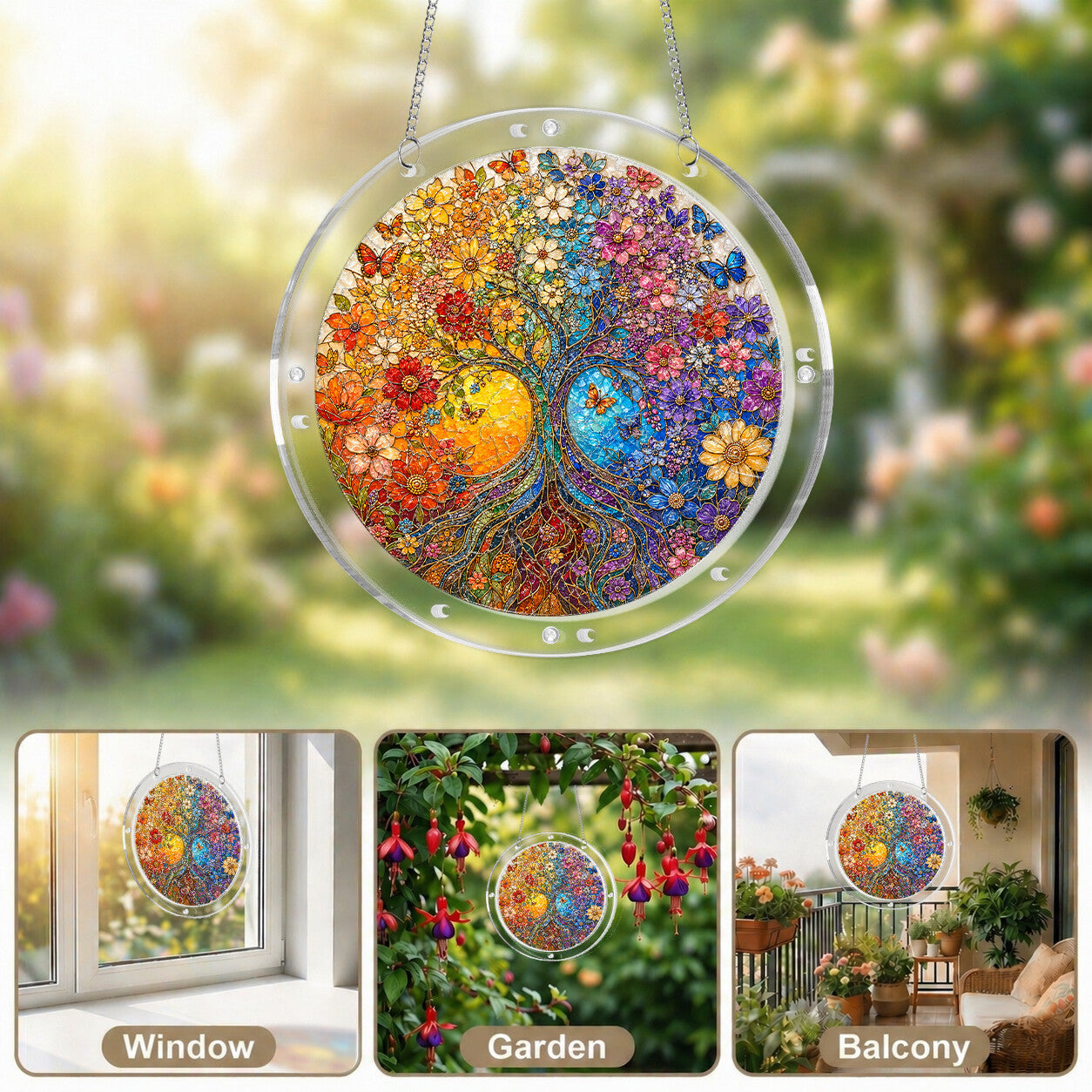 Autumn tree of life acrylic puzzle suncatcher, colorful DIY window decor