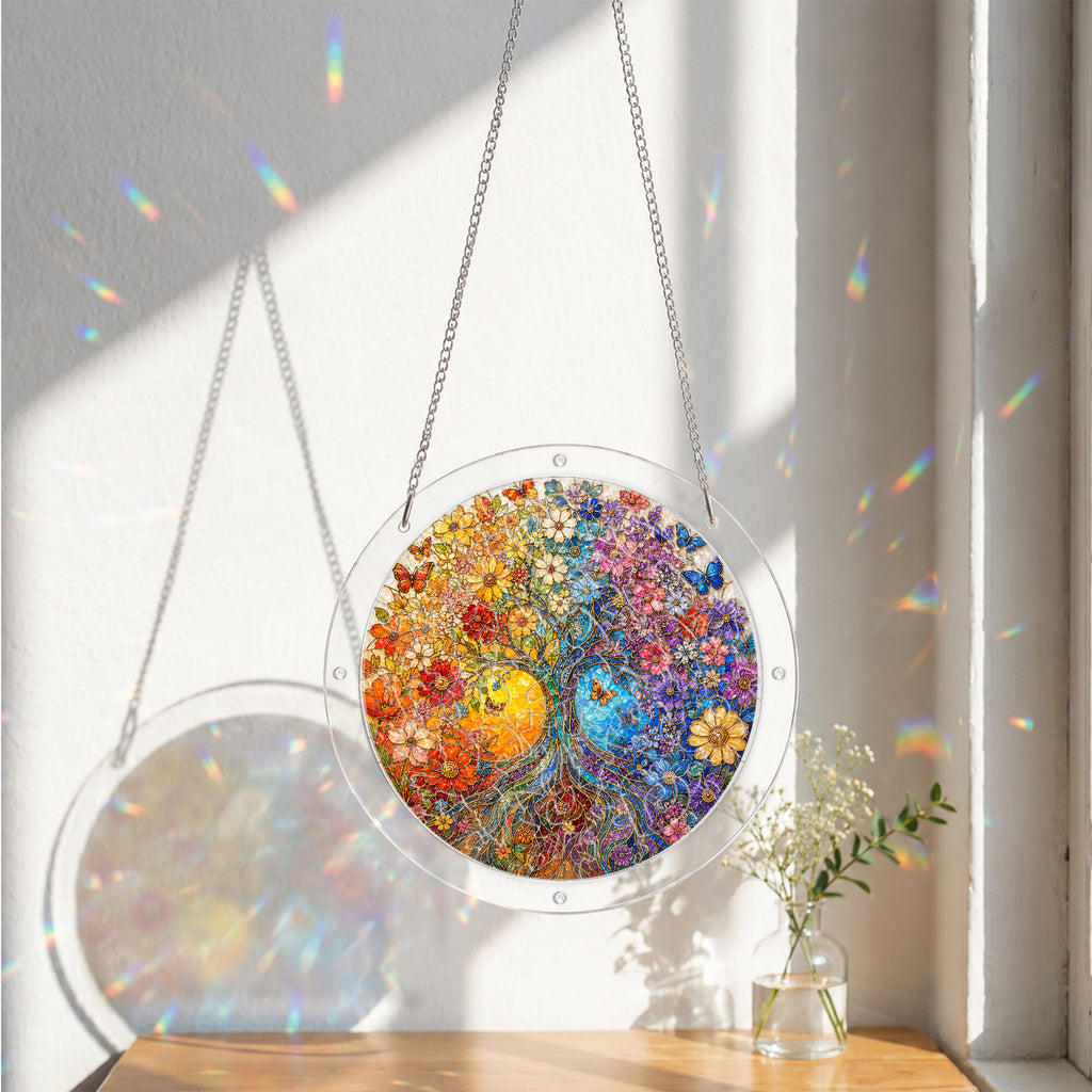 Autumn tree of life acrylic puzzle suncatcher, colorful DIY window decor