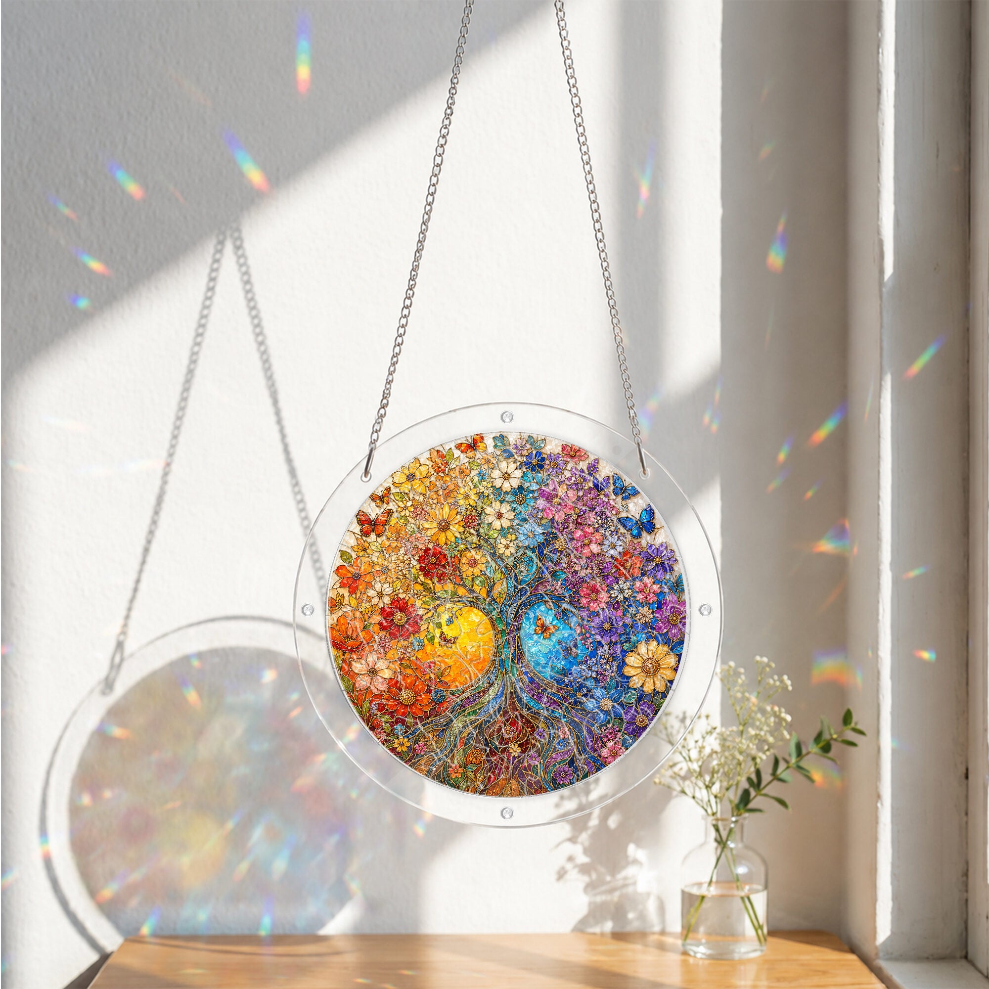 Autumn tree of life acrylic puzzle suncatcher, colorful DIY window decor