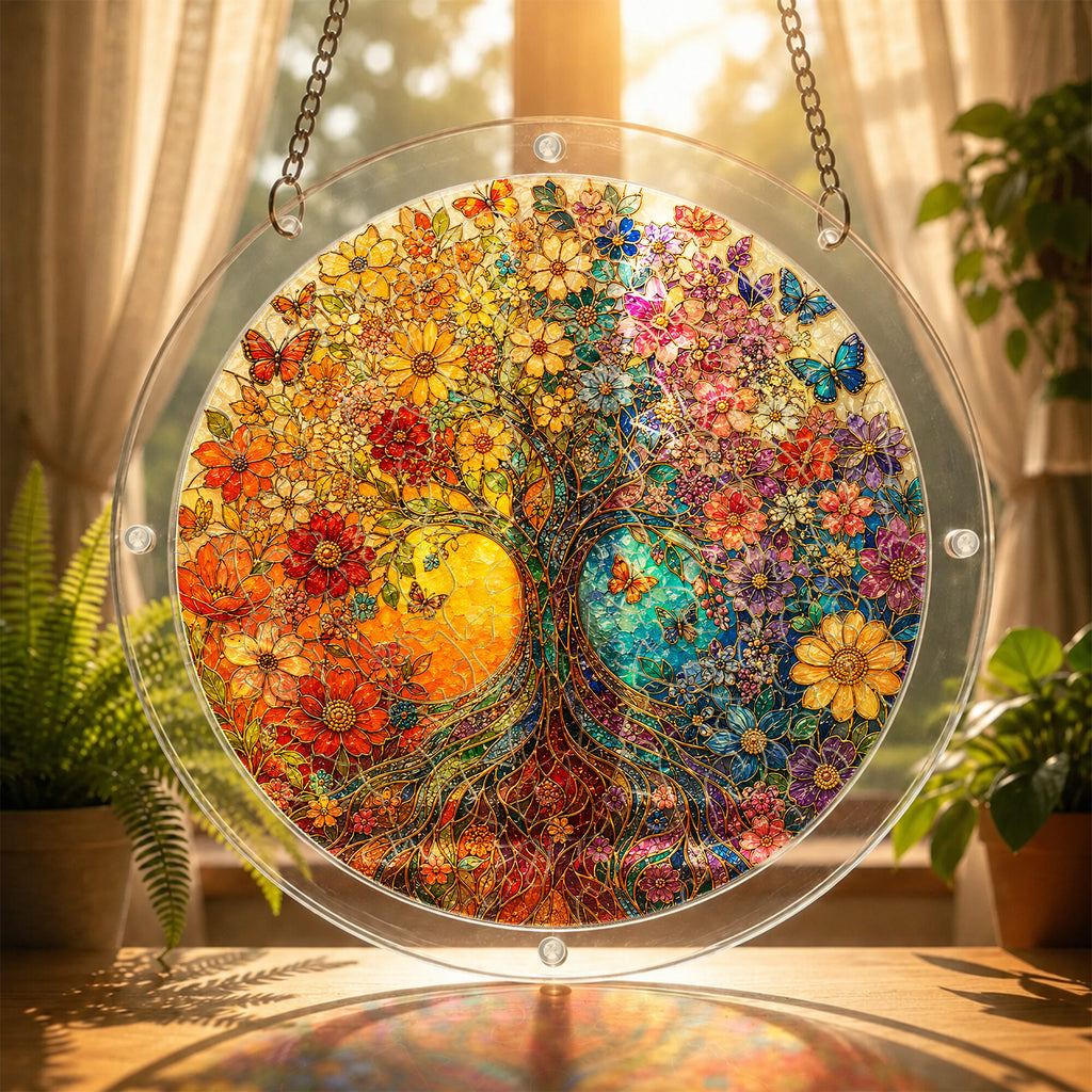 Autumn tree of life acrylic puzzle suncatcher, colorful DIY window decor
