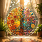 Autumn tree of life acrylic puzzle suncatcher, colorful DIY window decor