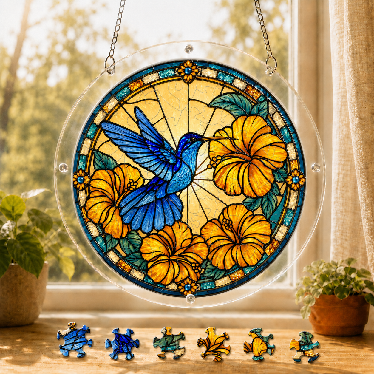 Round Azure Hibiscus Flight Hummingbird acrylic puzzle suncatcher hanging in a sunny window with colorful loose puzzle pieces below.