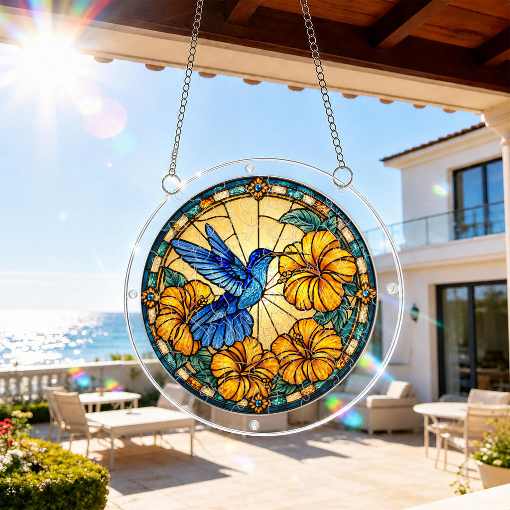 Round blue hummingbird acrylic puzzle suncatcher hanging beside a bright balcony window.