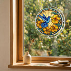 Gift-ready Azure Hibiscus Flight Hummingbird acrylic puzzle suncatcher displayed on a kraft box with Pixiwoo card.