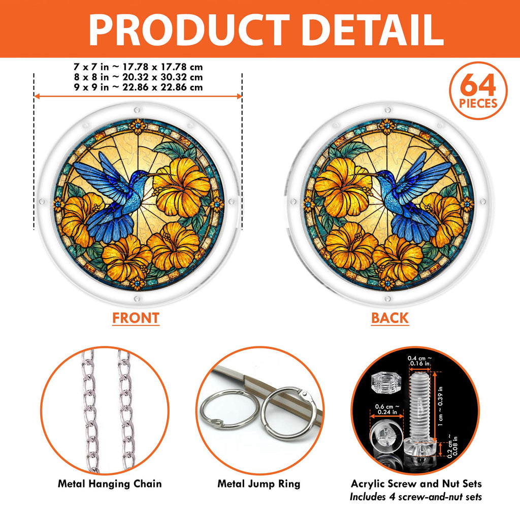 Product detail image showing the layered acrylic construction of the hummingbird puzzle suncatcher.