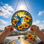 Blue hummingbird and orange hibiscus acrylic puzzle suncatcher held outdoors against a bright blue sky.