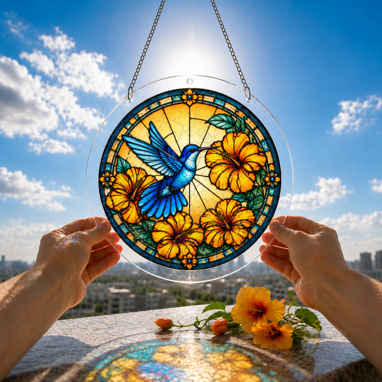 Blue hummingbird and orange hibiscus acrylic puzzle suncatcher held outdoors against a bright blue sky.