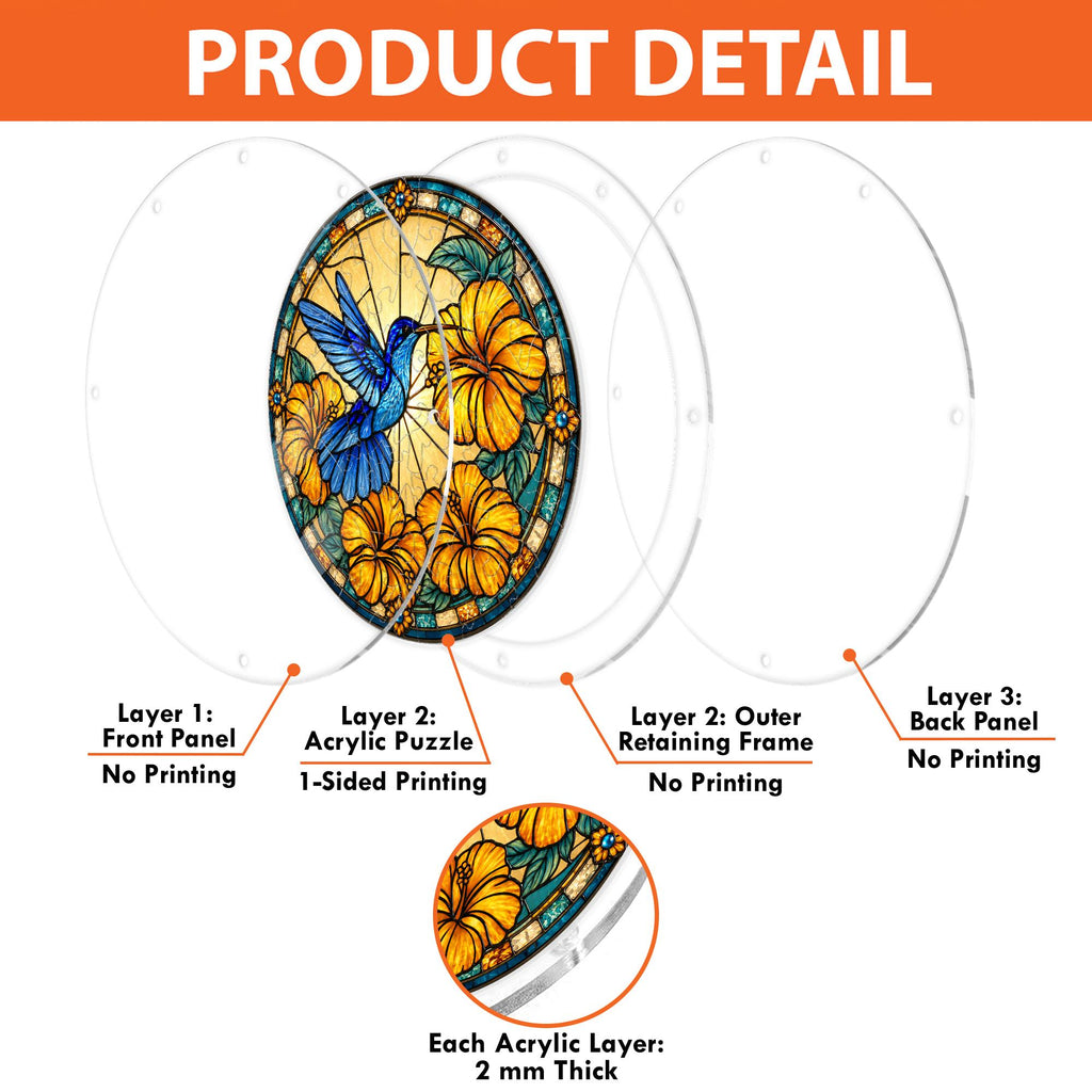 Product detail graphic showing front and back views, 64 puzzle pieces, size options, hanging chain, jump rings, and screw hardware.