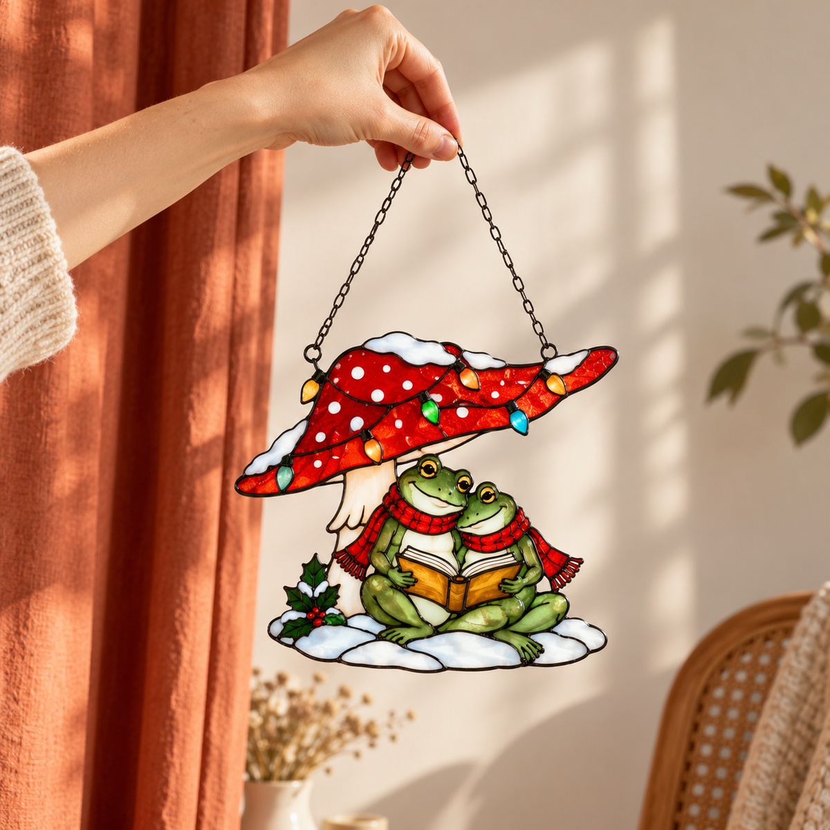 Frog Couple Reading under a Christmas Mushroom Holographic Acrylic Suncatcher