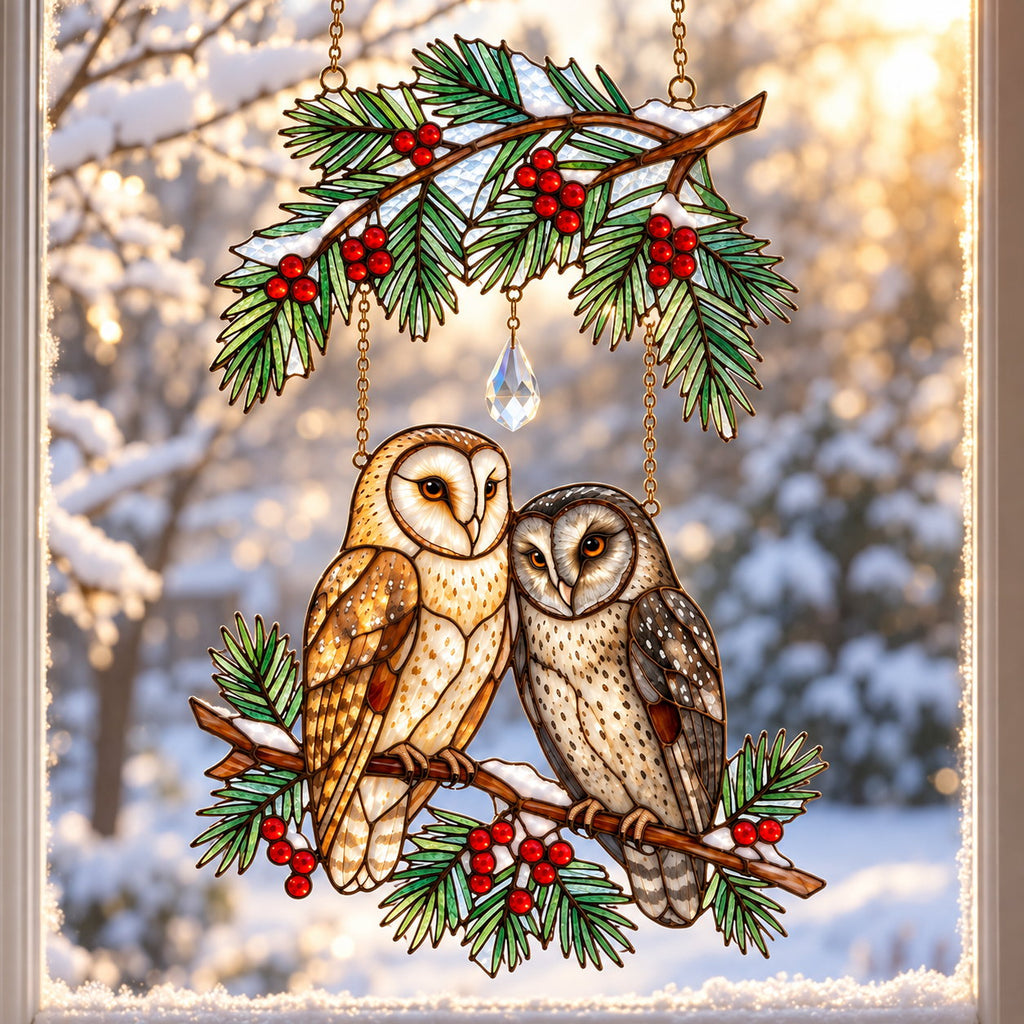 Barn Owl Couple on Holly Pine Branch Holographic Acrylic Suncatcher — Optional Names