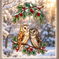 Barn Owl Couple on Holly Pine Branch Holographic Acrylic Suncatcher — Optional Names