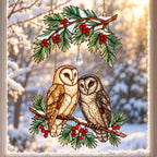 Barn Owl Couple on Holly Pine Branch Holographic Acrylic Suncatcher — Optional Names