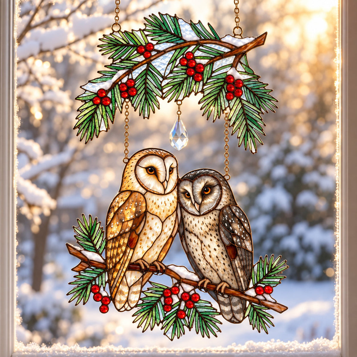 Barn Owl Couple on Holly Pine Branch Holographic Acrylic Suncatcher — Optional Names