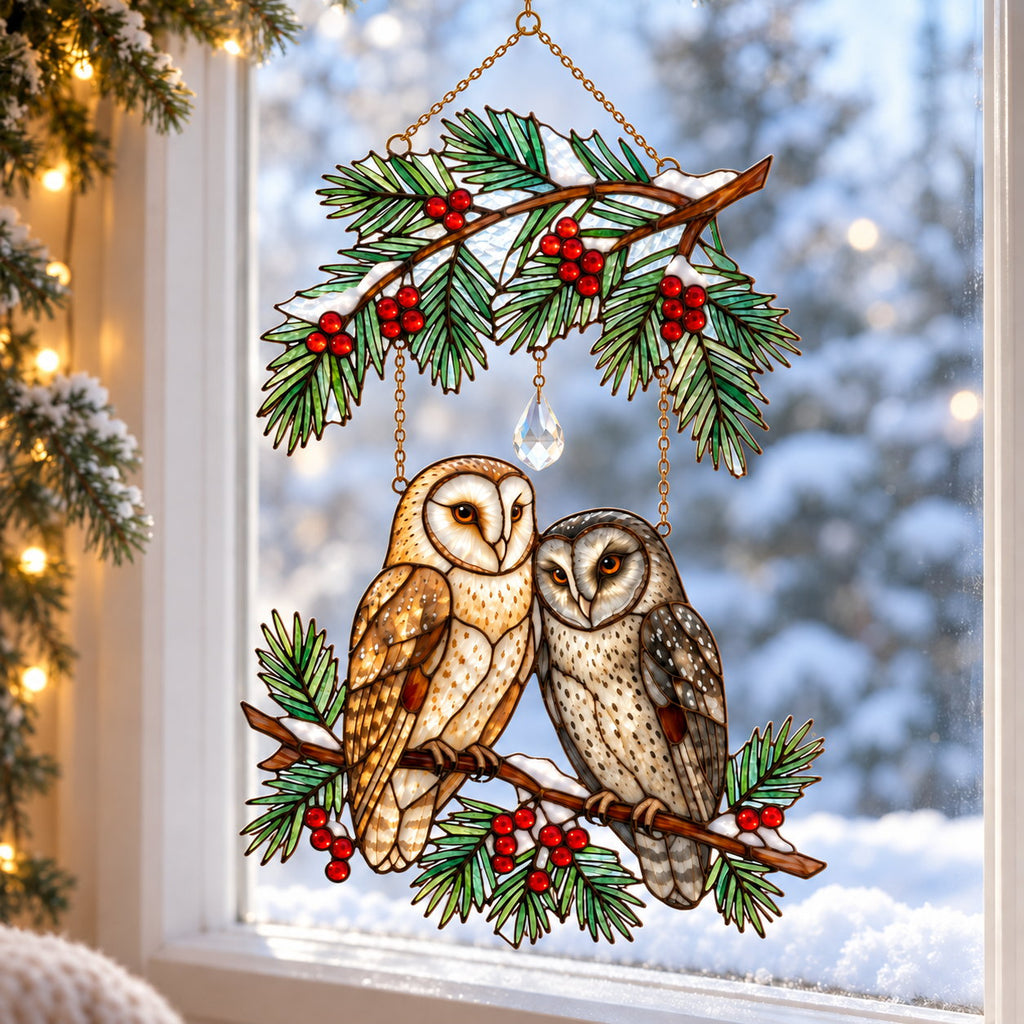 Barn Owl Couple on Holly Pine Branch Holographic Acrylic Suncatcher — Optional Names