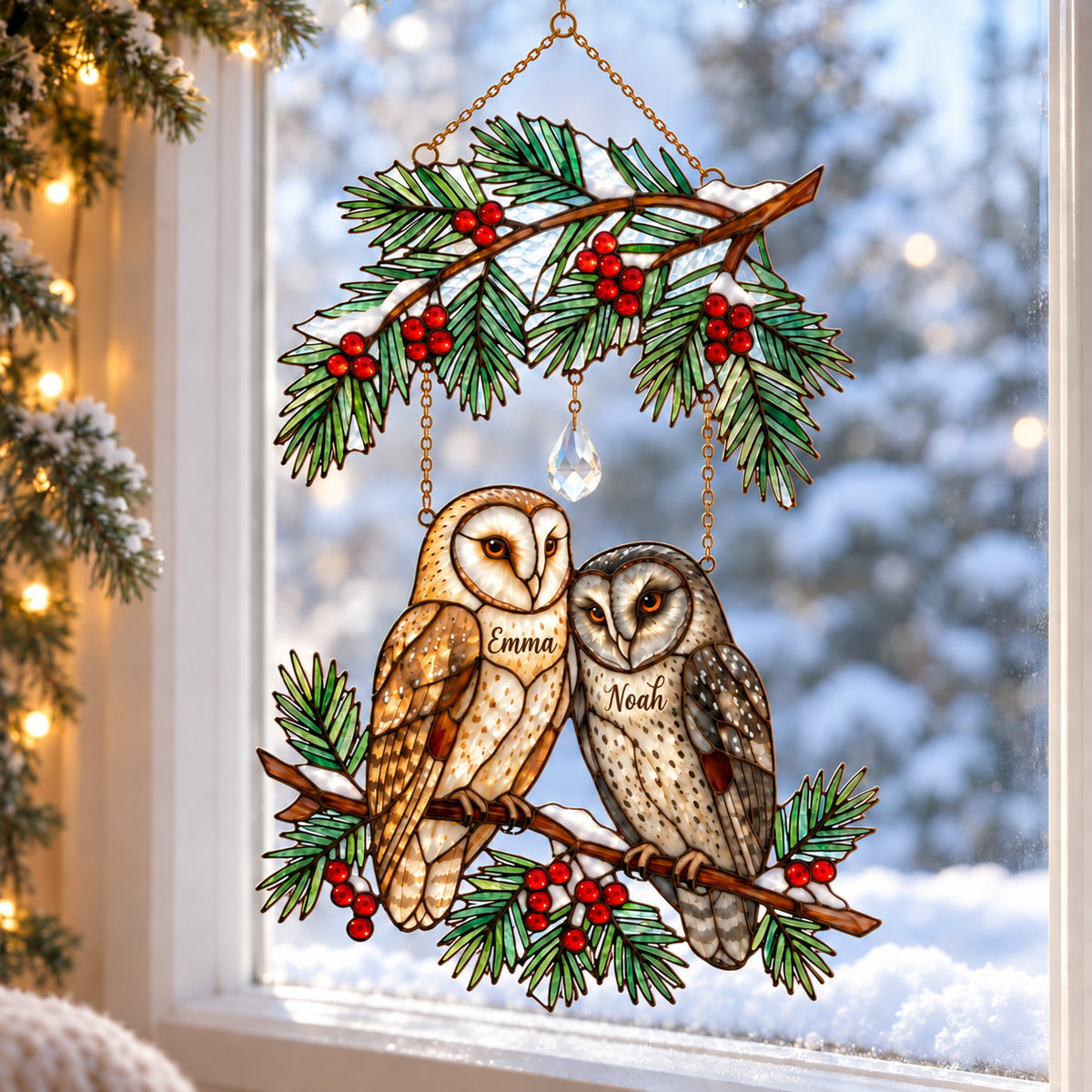 Barn Owl Couple on Holly Pine Branch Holographic Acrylic Suncatcher — Optional Names