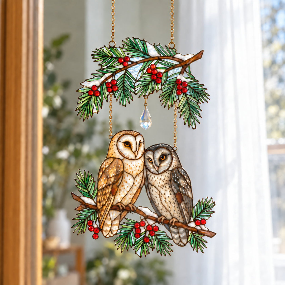 Barn Owl Couple on Holly Pine Branch Holographic Acrylic Suncatcher — Optional Names