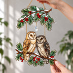 Barn Owl Couple on Holly Pine Branch Holographic Acrylic Suncatcher — Optional Names