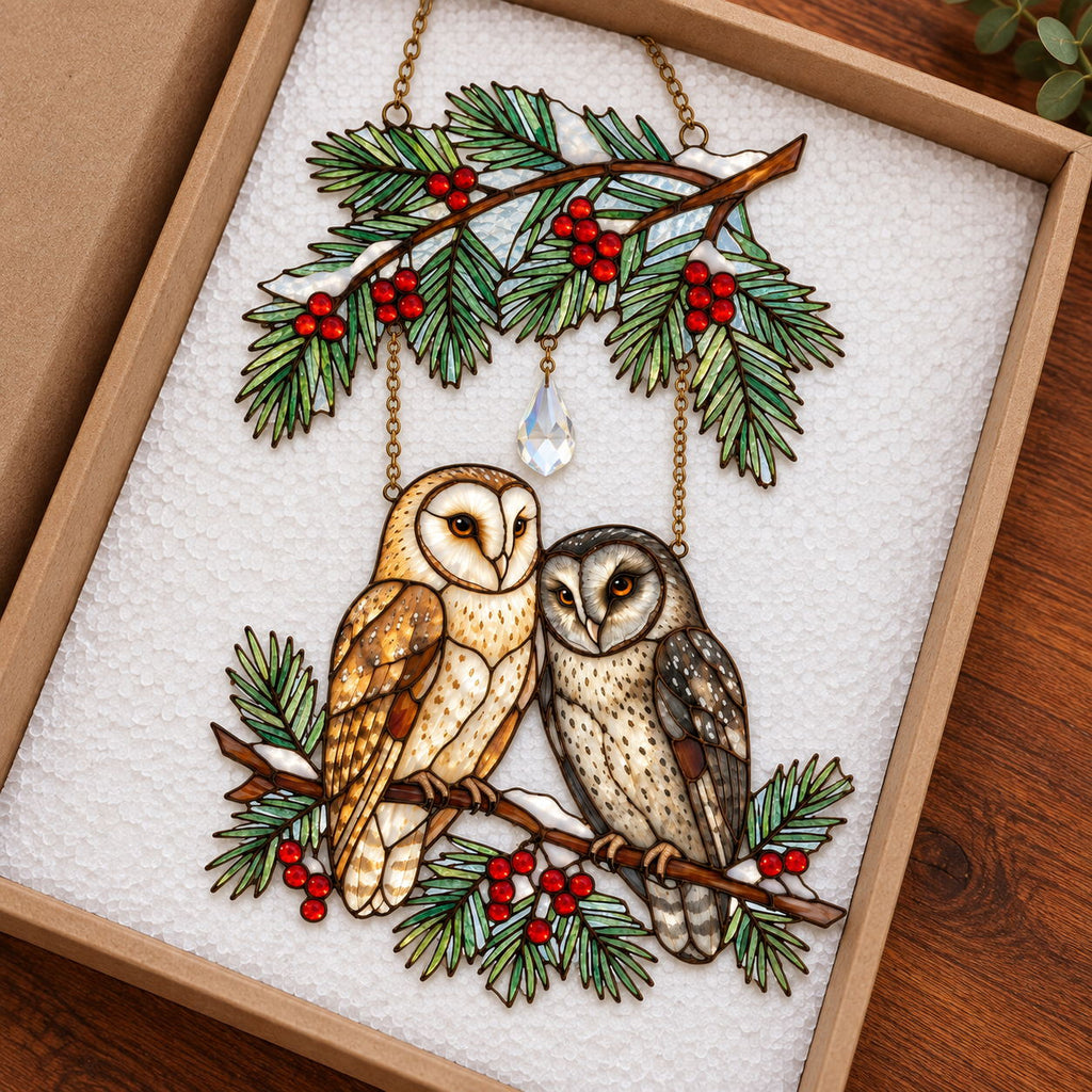 Barn Owl Couple on Holly Pine Branch Holographic Acrylic Suncatcher — Optional Names