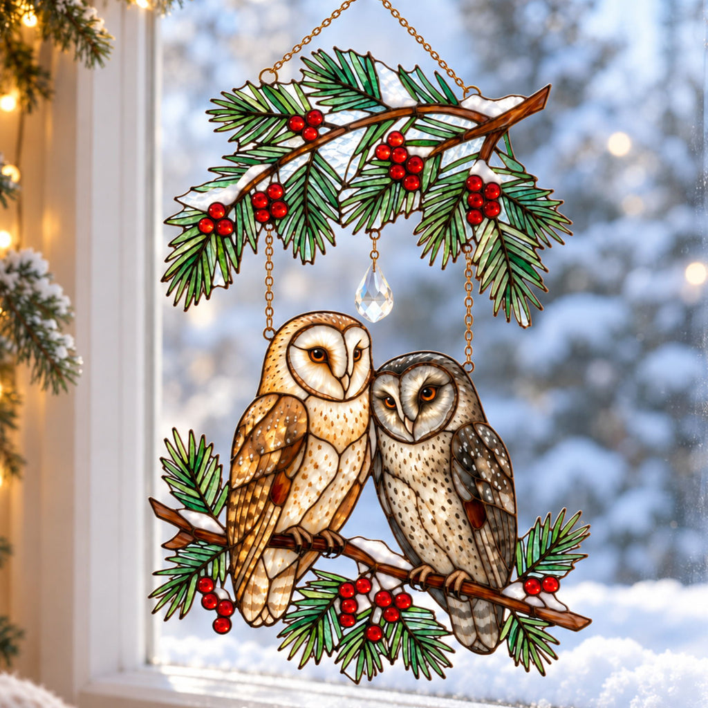 Barn Owl Couple on Holly Pine Branch Holographic Acrylic Suncatcher — Optional Names