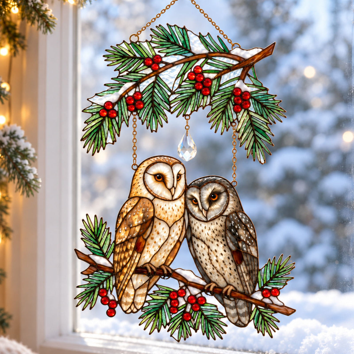 Barn Owl Couple on Holly Pine Branch Holographic Acrylic Suncatcher — Optional Names