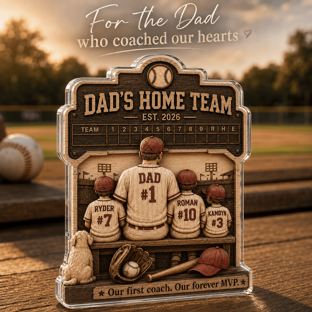 Personalized baseball dad plaque displayed on a baseball field with family names and jersey numbers