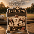 Personalized baseball dad plaque displayed on a baseball field with family names and jersey numbers