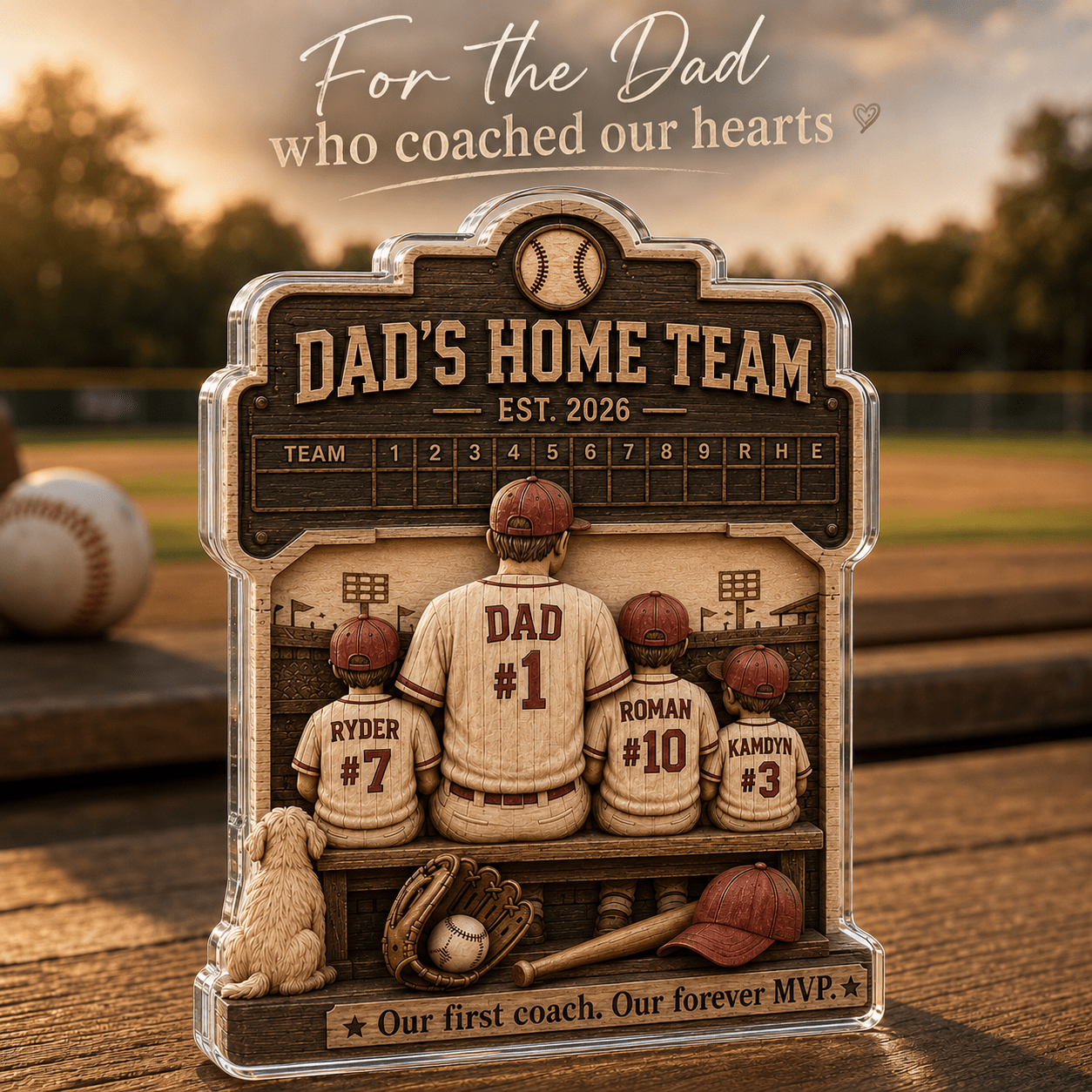 Personalized baseball dad plaque displayed on a baseball field with family names and jersey numbers