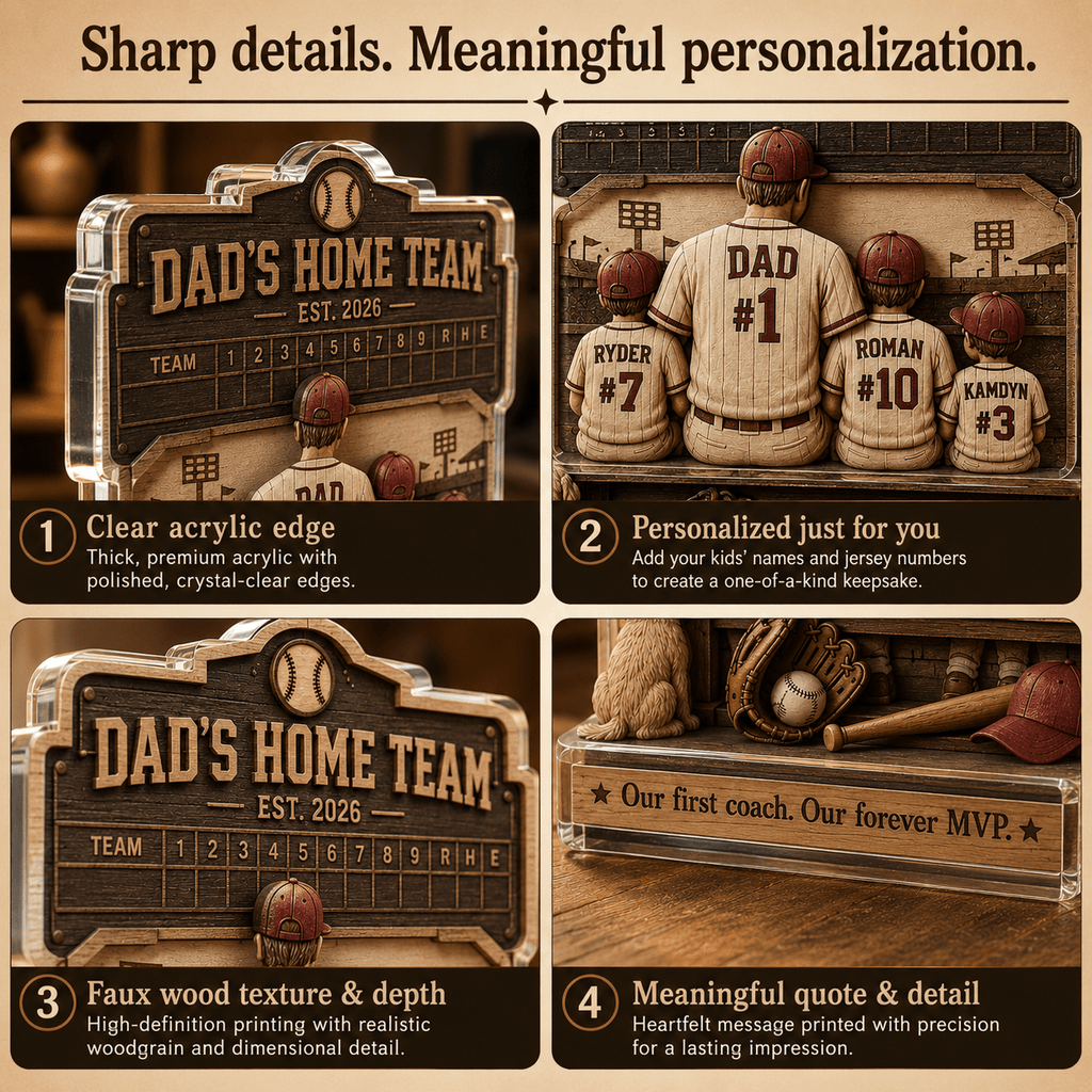 Close up details of personalized baseball dad plaque with acrylic edges and custom names