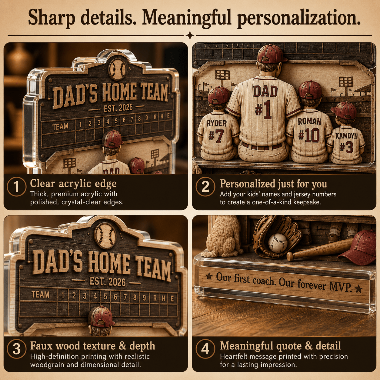 Close up details of personalized baseball dad plaque with acrylic edges and custom names