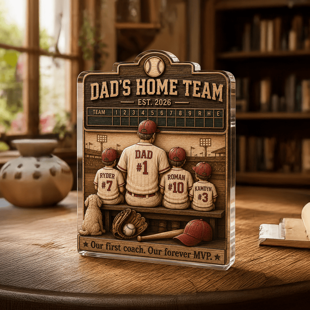 Personalized baseball dad acrylic plaque displayed as Father's Day home decor gift