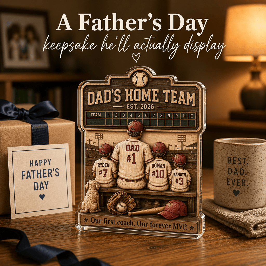 Personalized baseball dad acrylic plaque with custom kids names and jersey numbers displayed as a Father’s Day gift