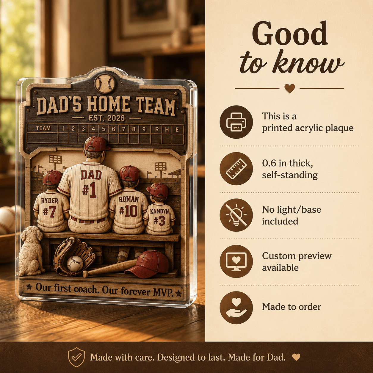 Product information for personalized baseball dad acrylic plaque and display features