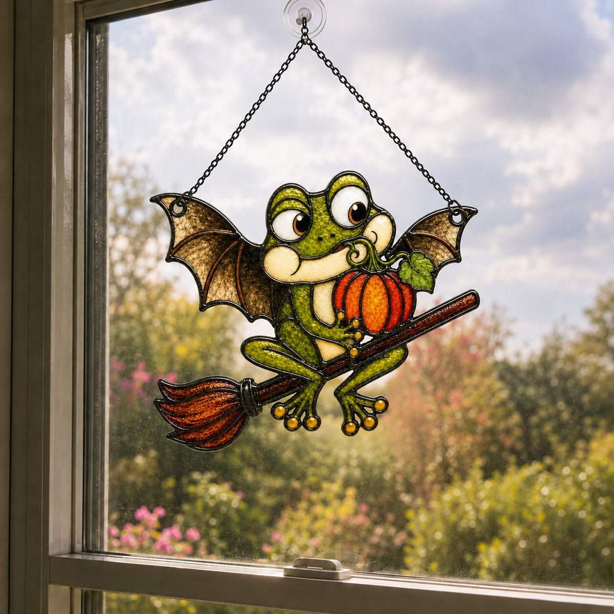 Bat Wing Frog on Broomstick with Pumpkin Holographic Acrylic Suncatcher